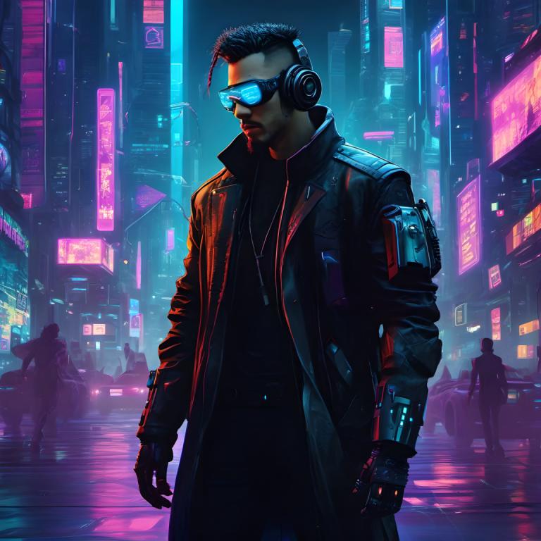 Cyberpunk,Cyberpunk, People, man, cyberpunk, male focus, cyborg, night, city, headphones, neon lights