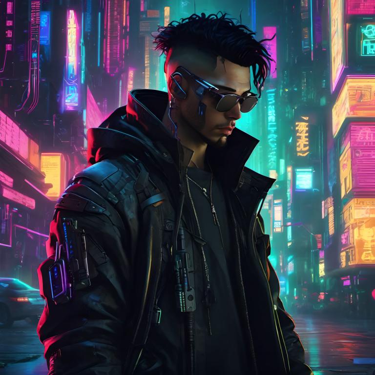 Cyberpunk,Cyberpunk, människor, man, 1 pojke, cyberpunk, jacka, manligt fokus, neonljus, svart hår, mörk hud