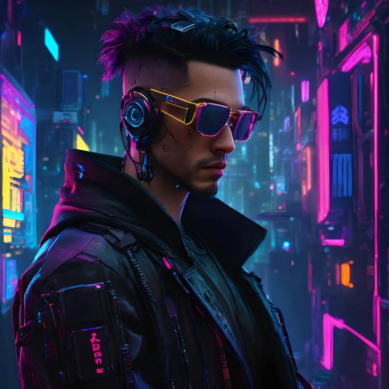 Cyberpunk,Cyberpunk, Ljudje, moški, 1 fant, cyberpunk, solo, moški fokus, jakna, neonske luči, sončna očala