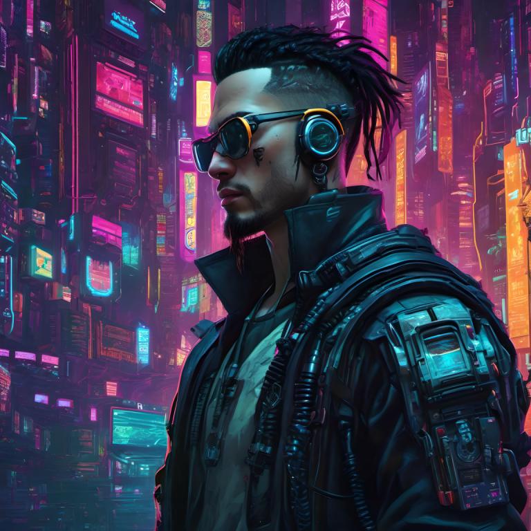 Cyberpunk,Cyberpunk, Lidé, muž, 1 kluk, sólo, kyberpunk, neonová světla, mužské zaměření, Bunda, vousy