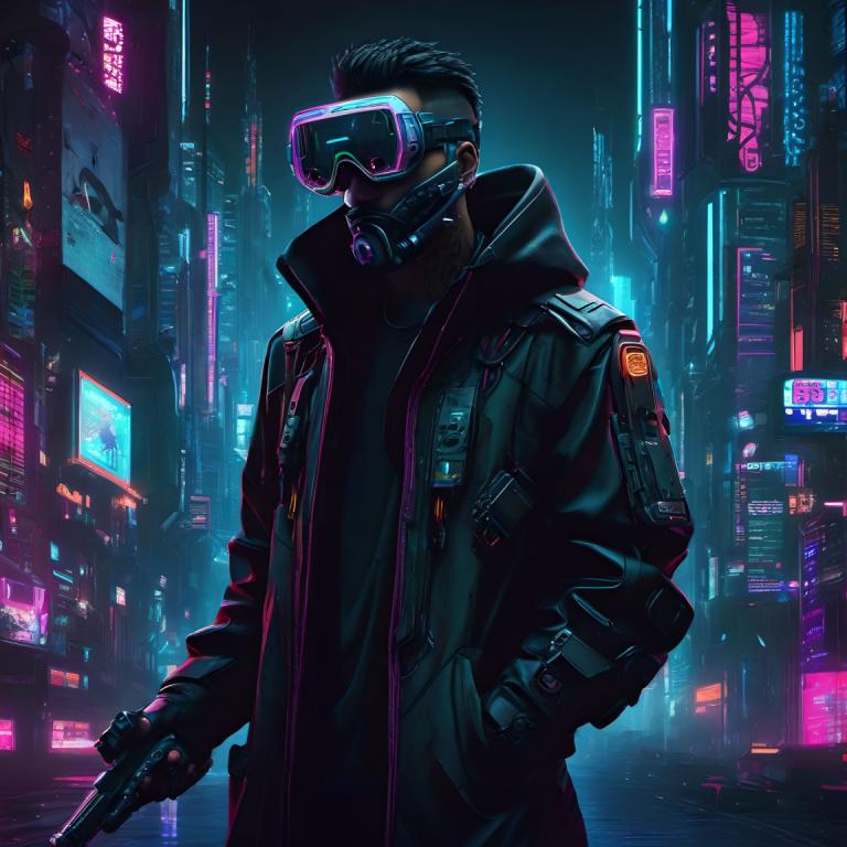 Cyberpunk,Cyberpunk, Personnes, homme, cyberpunk, 1garçon, foyer masculin, néons, solo, nuit, cheveux noirs