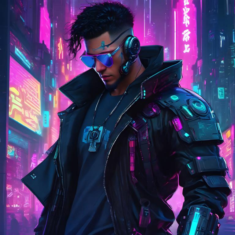 Cyberpunk,Cyberpunk, Personnes, homme, 1garçon, cyberpunk, veste, foyer masculin, néons, solo, cheveux noirs