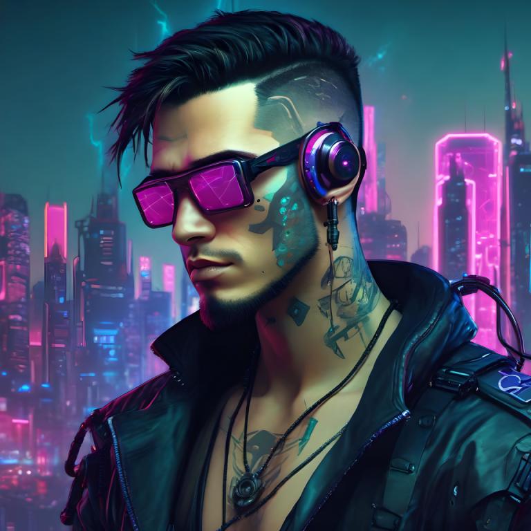 Cyberpunk,Cyberpunk, Rakyat, pria, 1 anak laki-laki, fokus pria, solo, perhiasan, jaket, kalung, rambut wajah