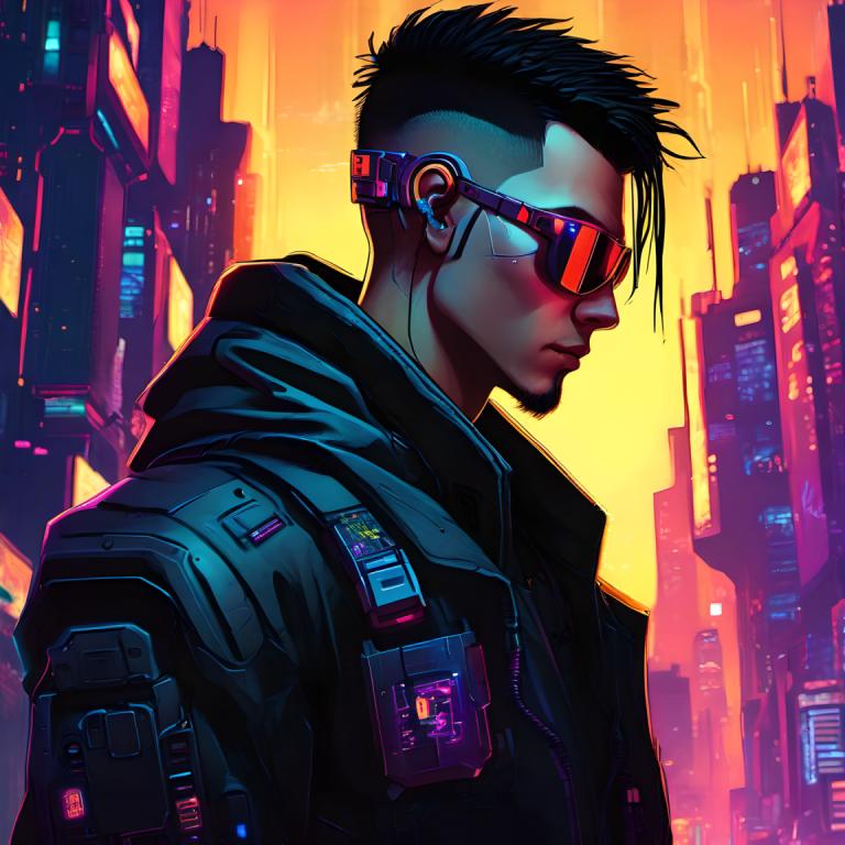 Cyberpunk,Cyberpunk, Rakyat, pria, 1 anak laki-laki, fokus pria, cyberpunk, solo, rambut wajah, jaket