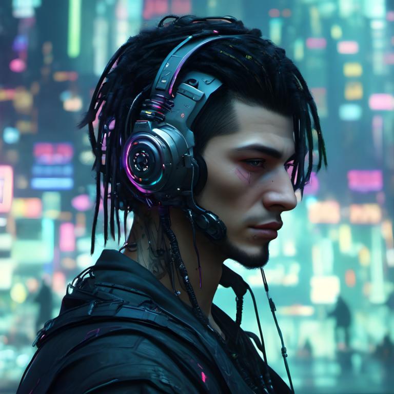 Cyberpunk,Cyberpunk, Menschen, Mann, Solo, verschwommener Hintergrund, verschwommen, schwarzes Haar, 1Junge