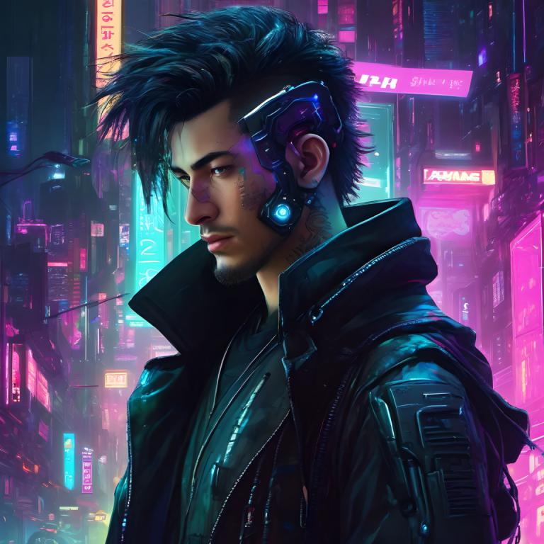 Cyberpunk,Cyberpunk, Menschen, Mann, Cyberpunk, 1Junge, männlicher Fokus, Jacke, realistisch, Solo