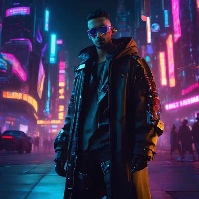 Cyberpunk,Cyberpunk, People, man, cyberpunk, night, 1boy, male focus, sunglasses, neon lights, city, outdoors