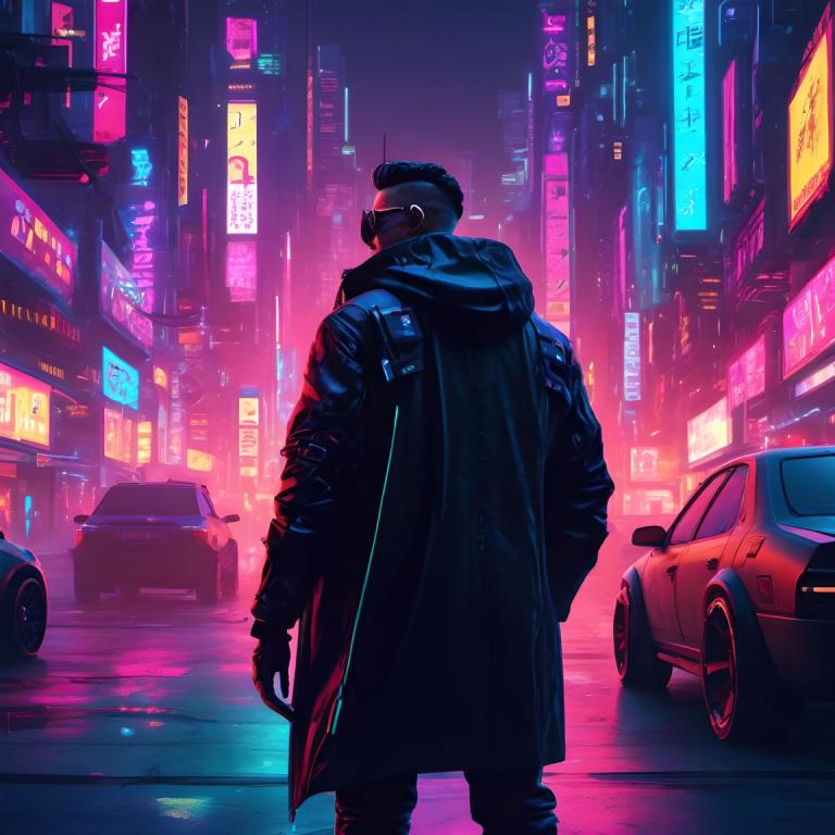 Cyberpunk,Cyberpunk, People, man, motor vehicle, 1boy, car, ground vehicle, cyberpunk, night, neon lights