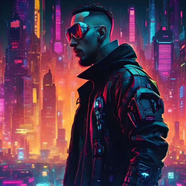 Cyberpunk,Cyberpunk, People, man, cyberpunk, 1boy, male focus, solo, cyborg, city, jacket, facial hair, night