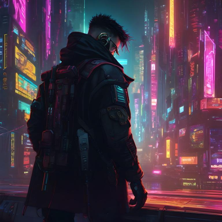 Cyberpunk,Cyberpunk, människor, man, 1 pojke, cyberpunk, solo, manligt fokus, neonljus, natt, svart hår