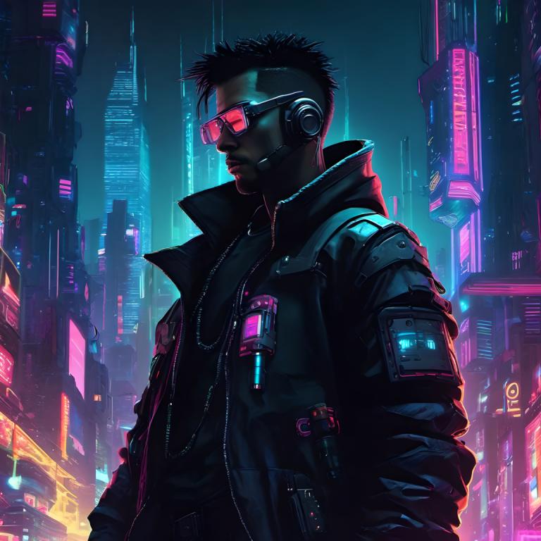 Cyberpunk,Cyberpunk, människor, man, 1 pojke, manligt fokus, jacka, cyberpunk, solo, neonljus, natt