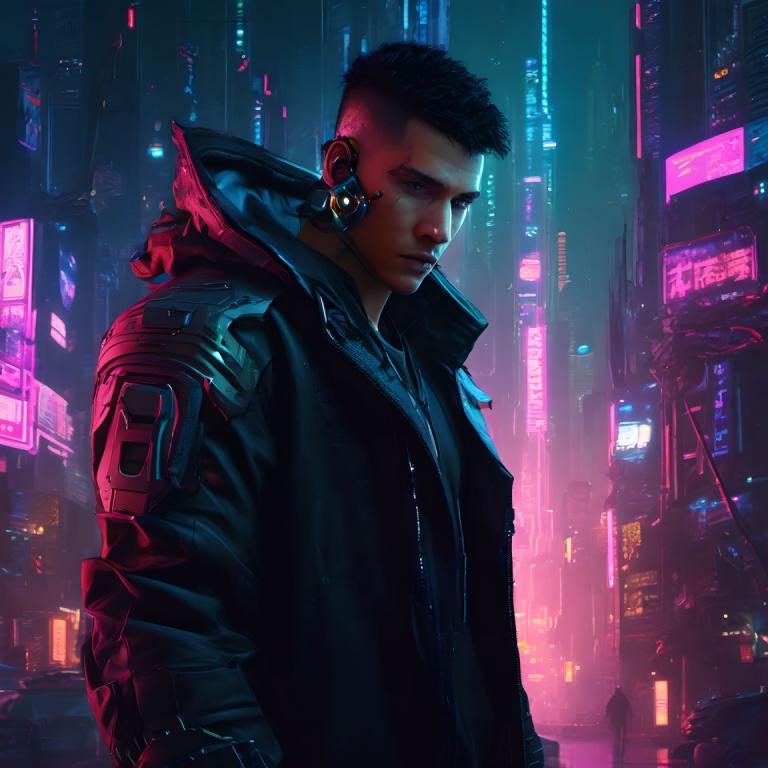 Cyberpunk,Cyberpunk, Oameni, om, cyberpunk, lumini de neon, 1 băiat, cyborg, sacou, focalizare masculină