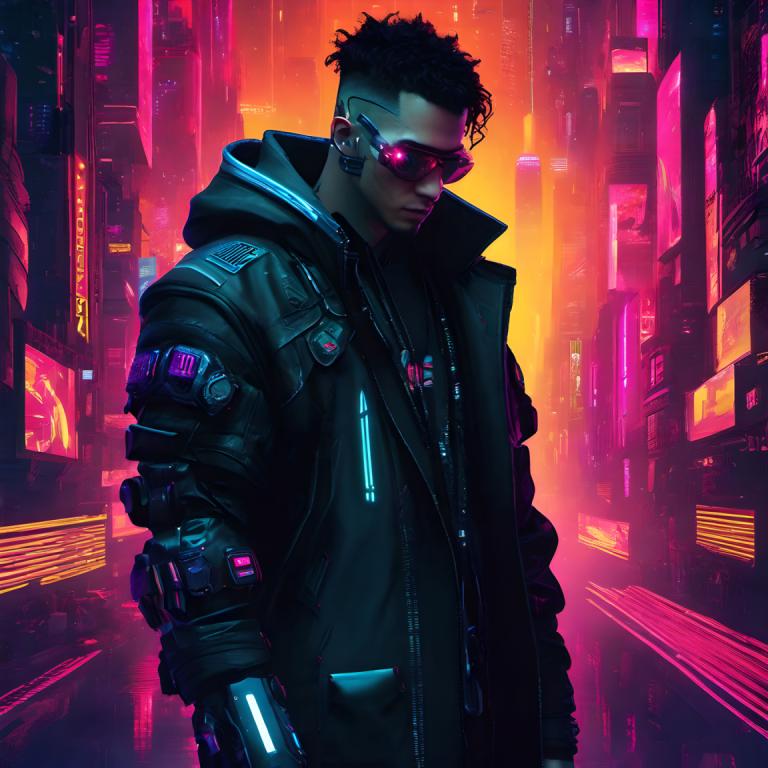 Cyberpunk,Cyberpunk, Oameni, om, cyberpunk, 1 băiat, focalizare masculină, solo, brunet, lumini de neon