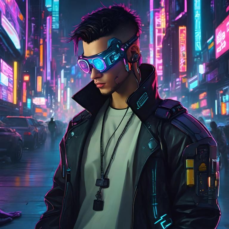 Cyberpunk,Cyberpunk, Ljudje, moški, jakna, 1 fant, moški fokus, cyberpunk, Črni lasje, noč, majica, mesto