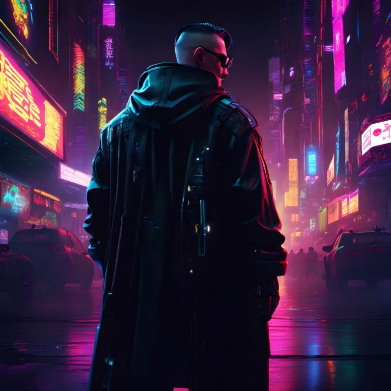 Cyberpunk,Cyberpunk, Mennesker, Mann, 1 gutt, natt, cyberpunk, neon lys, mannlig fokus, by, bil