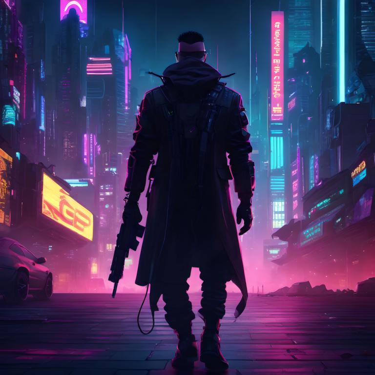 Cyberpunk,Cyberpunk, Oameni, om, 1 băiat, cyberpunk, armă, pistol, focalizare masculină, lumini de neon