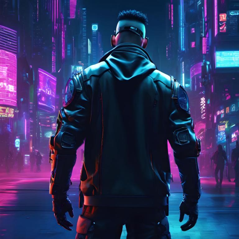 Cyberpunk,Cyberpunk, Mennesker, Mann, cyberpunk, natt, mannlig fokus, neon lys, by, jakke, bakfra, hansker