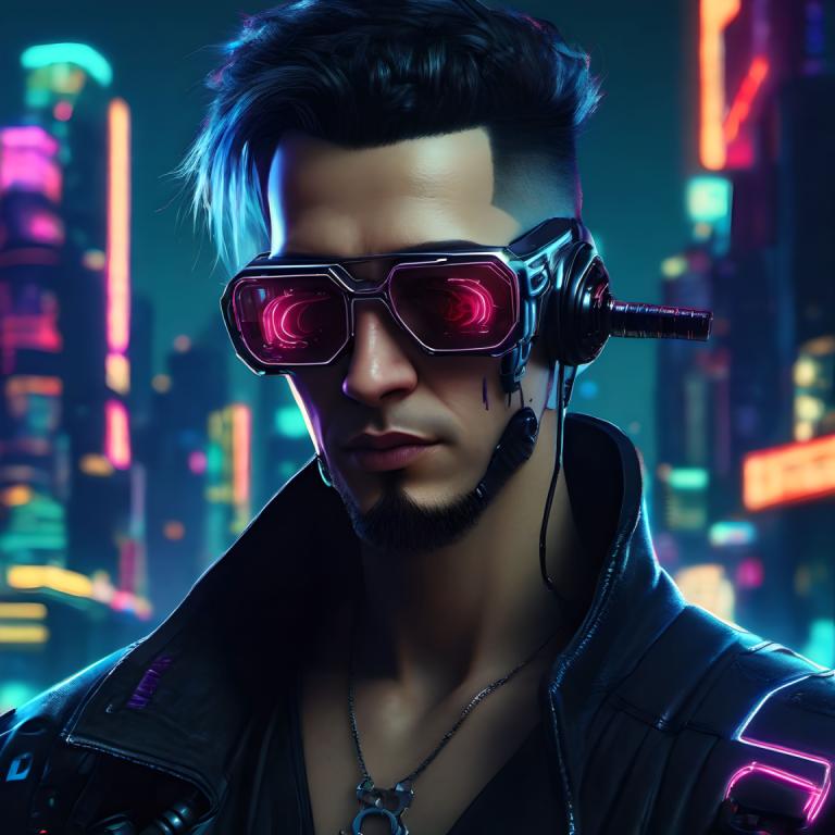 Cyberpunk,Cyberpunk, människor, man, solo, manligt fokus, ansiktshår, 1 pojke, halsband, svart hår, cyberpunk