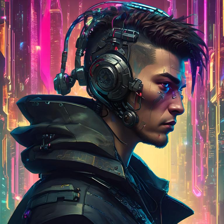 Cyberpunk,Cyberpunk, People, man, cyberpunk, 1boy, solo, male focus, profile, headphones, realistic, jacket