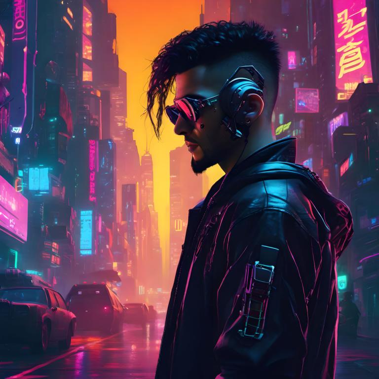 Cyberpunk,Cyberpunk, Lidé, muž, 1 kluk, kyberpunk, mužské zaměření, město, kapuce, motorové vozidlo, Bunda