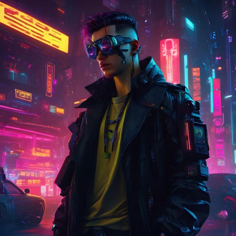 Cyberpunk,Cyberpunk, People, man, jacket, cyberpunk, neon lights, 1boy, male focus, yellow shirt