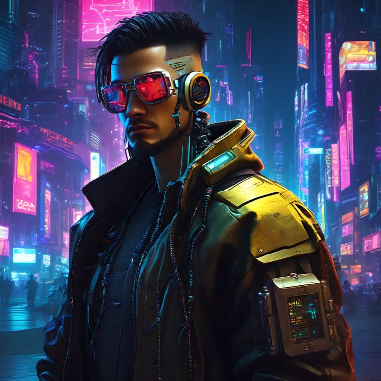 Cyberpunk,Cyberpunk, Lidé, muž, kyberpunk, 1 kluk, mužské zaměření, černé vlasy, Bunda, neonová světla, vousy