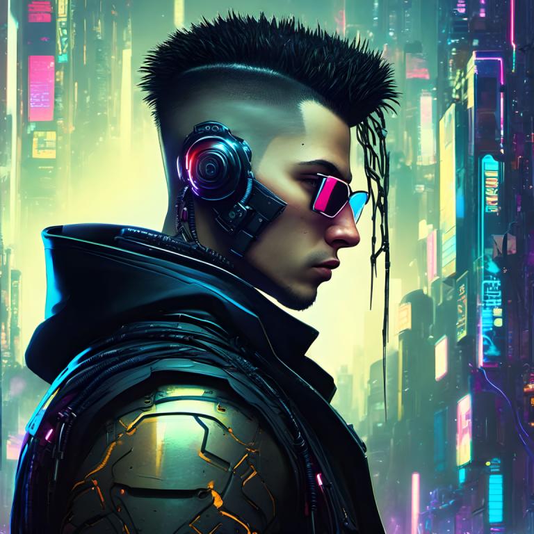 Cyberpunk,Cyberpunk, Mennesker, mand, cyberpunk, 1 dreng, cyborg, solo, mandligt fokus, realistisk, sort hår