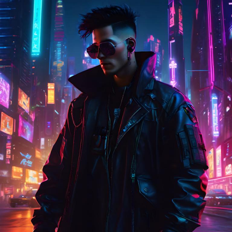 Cyberpunk,Cyberpunk, Lidé, muž, 1 kluk, mužské zaměření, Bunda, sólo, neonová světla, noc, sluneční brýle