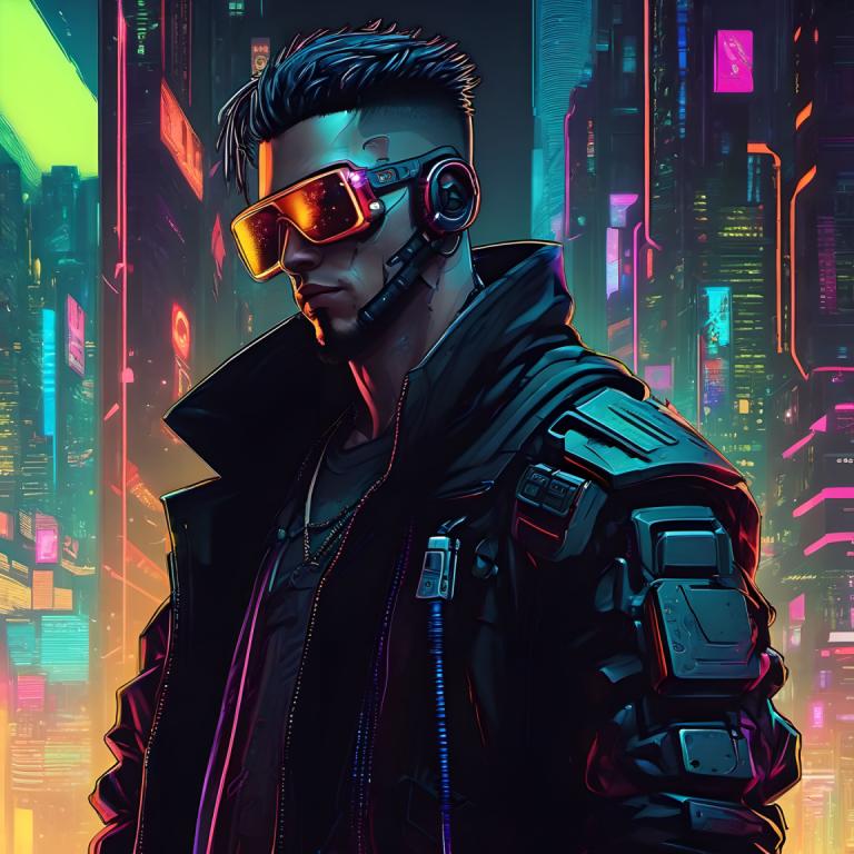 Cyberpunk,Cyberpunk, Menschen, Mann, 1Junge, männlicher Fokus, Solo, Jacke, Cyberpunk, schwarzes Haar, Stadt