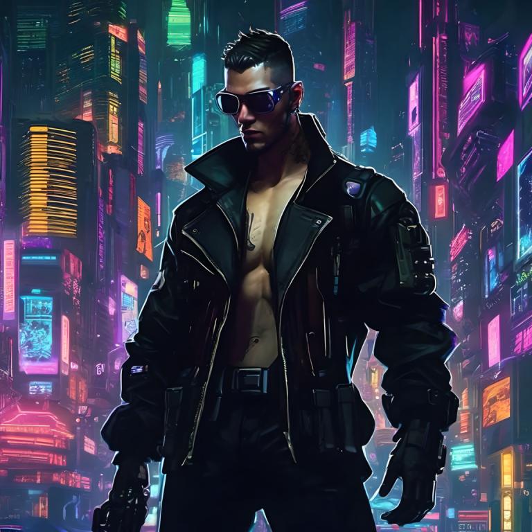 Cyberpunk,Cyberpunk, Menschen, Mann, 1Junge, männlicher Fokus, Solo, Jacke, Hose, offene Kleidung