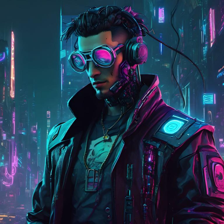 Cyberpunk,Cyberpunk, Menschen, Mann, 1Junge, männlicher Fokus, Solo, Cyberpunk, Jacke, Halskette, Neonlichter