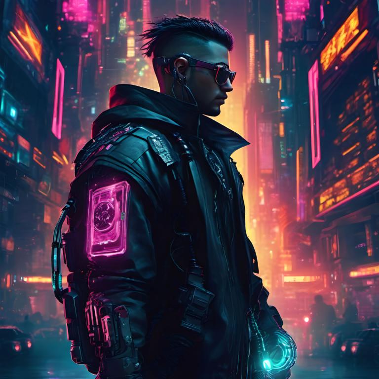 Cyberpunk,Cyberpunk, Menschen, Mann, 1Junge, Neonlichter, männlicher Fokus, Cyberpunk, Jacke, Solo