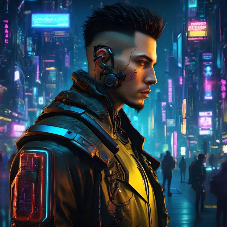 Cyberpunk,Cyberpunk, Menschen, Mann, Cyberpunk, 1Junge, männlicher Fokus, Cyborg, Jacke, realistisch, Stadt