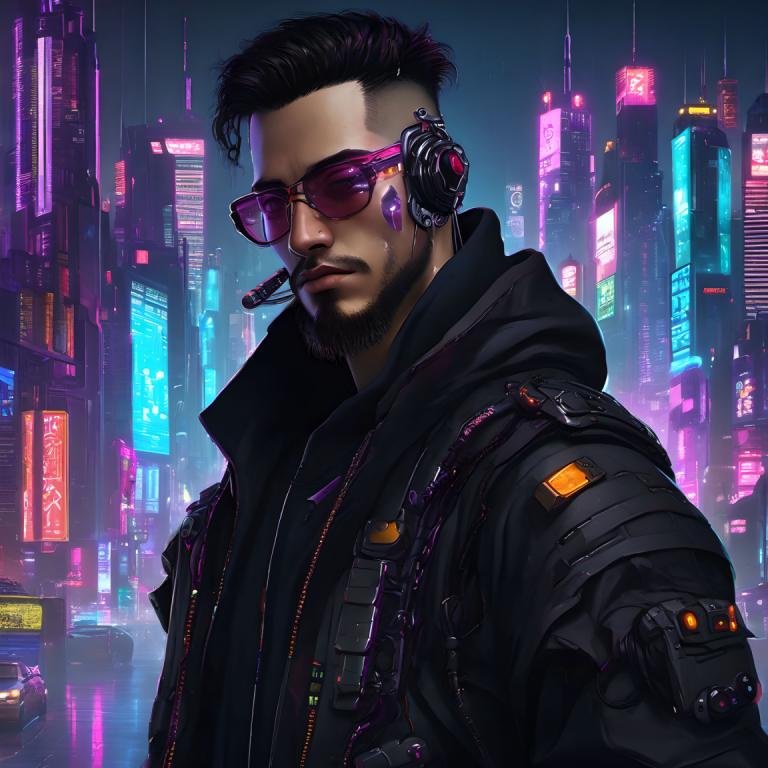 Cyberpunk,Cyberpunk, Menschen, Mann, Cyberpunk, 1Junge, Gesichtsbehaarung, männlicher Fokus, Solo, Jacke