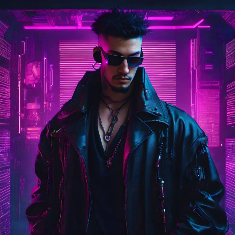 Cyberpunk,Cyberpunk, Menschen, Mann, 1Junge, männlicher Fokus, Solo, Jacke, Sonnenbrille, Halskette, Schmuck