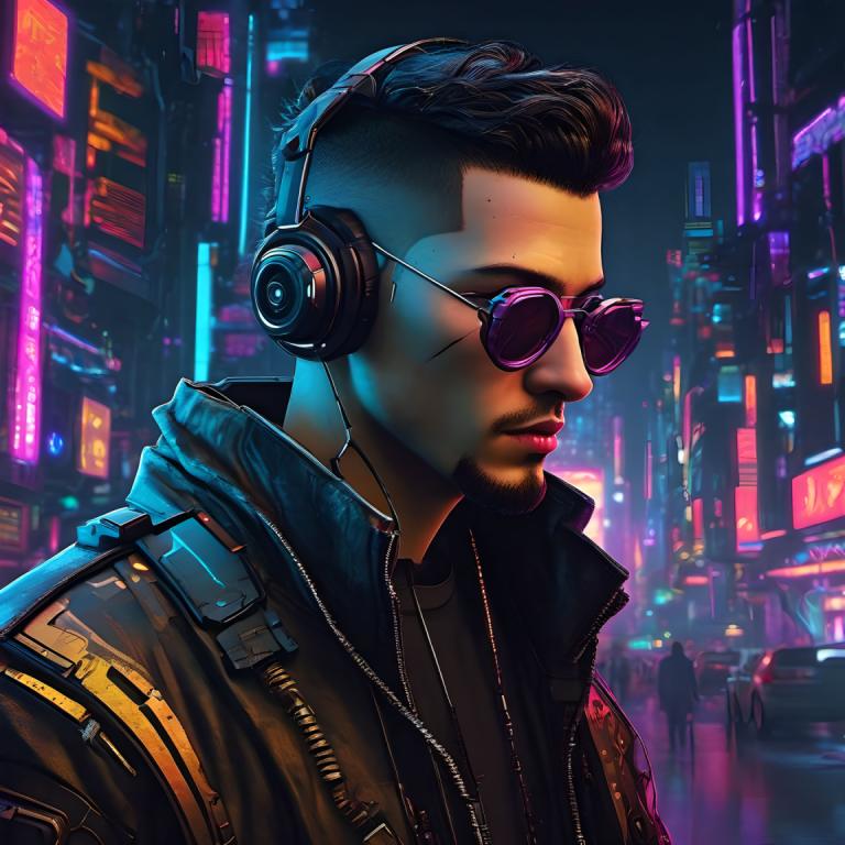 Cyberpunk,Cyberpunk, Rakyat, pria, 1 anak laki-laki, fokus pria, jaket, rambut wajah, kacamata hitam, malam