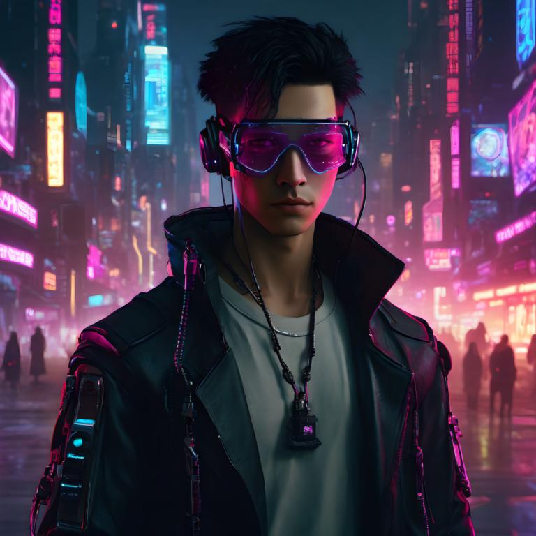 Cyberpunk,Cyberpunk, People, man, 1boy, male focus, jacket, black hair, shirt, neon lights, black jacket