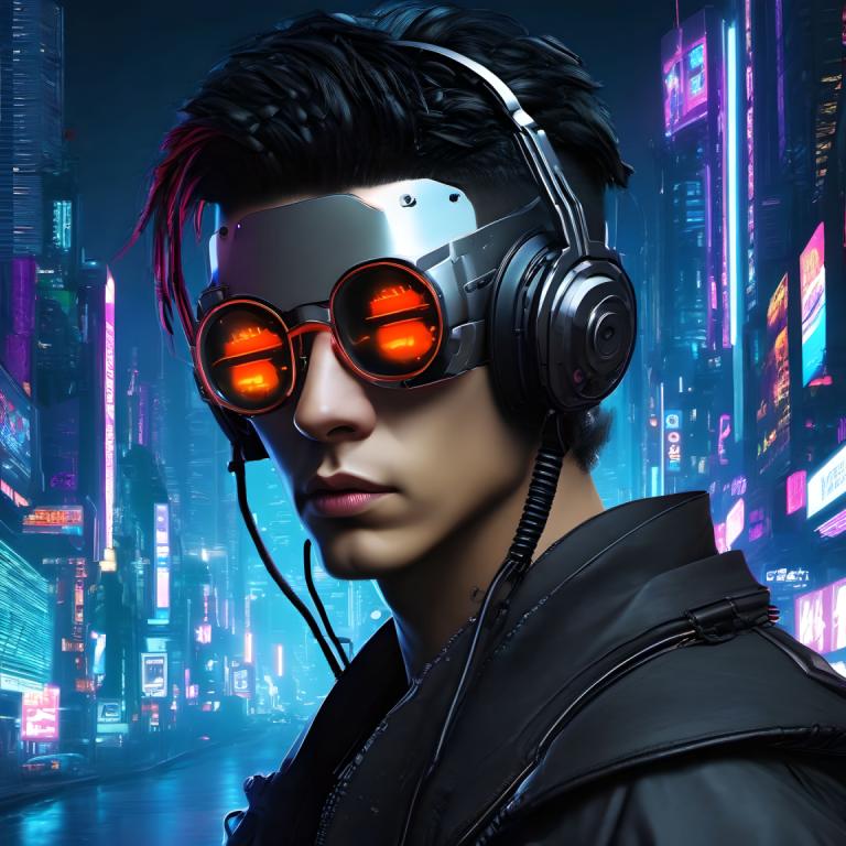 Cyberpunk,Cyberpunk, Oameni, om, solo, realist, brunet, cyberpunk, oraș, Căști, par scurt, sacou, 1 fata, nas