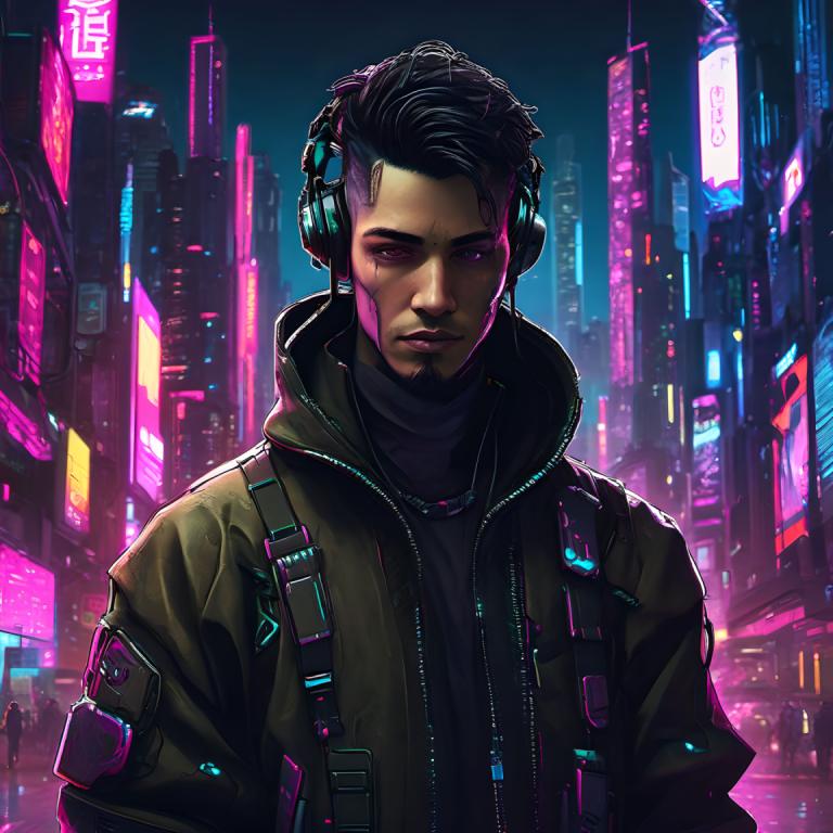 Cyberpunk,Cyberpunk, Menschen, Mann, 1Junge, Cyberpunk, männlicher Fokus, Jacke, Solo, schwarzes Haar, Nacht