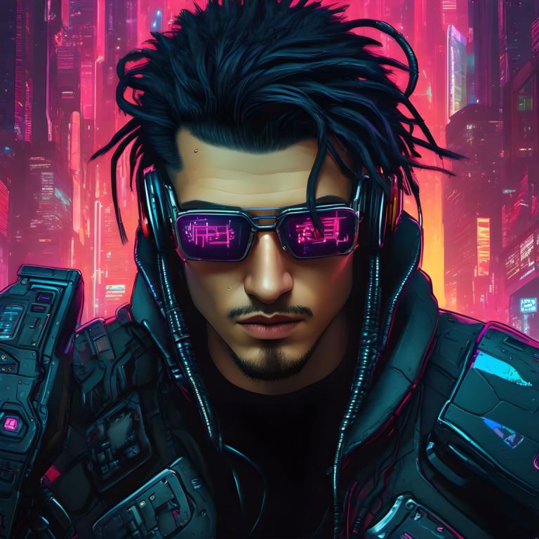 Cyberpunk,Cyberpunk, människor, man, 1 pojke, ansiktshår, manligt fokus, solo, svart hår, cyberpunk, skägg