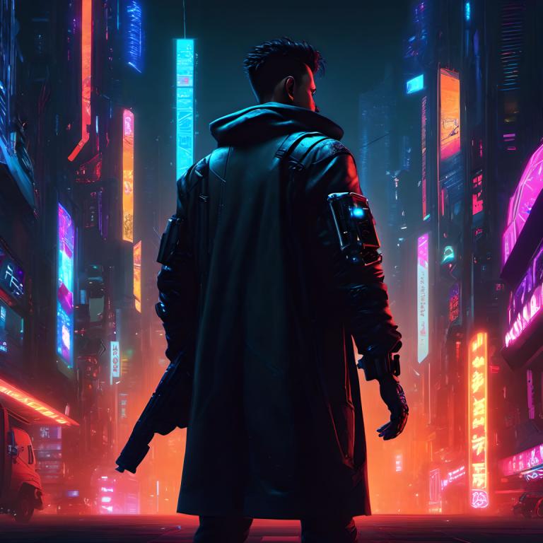 Cyberpunk,Cyberpunk, Mennesker, Mann, cyberpunk, 1 gutt, neon lys, våpen, solo, mannlig fokus, våpen, holder