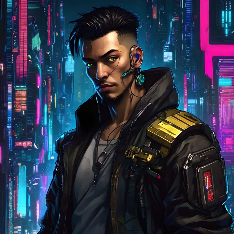 Cyberpunk,Cyberpunk, Personnes, homme, 1garçon, foyer masculin, veste, solo, cheveux noirs, yeux verts