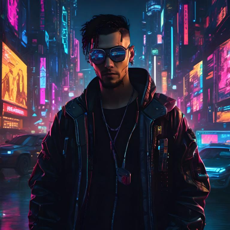 Cyberpunk,Cyberpunk, People, man, 1boy, male focus, jacket, night, motor vehicle, solo, sunglasses, city