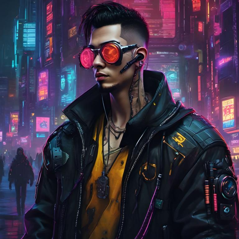 Cyberpunk,Cyberpunk, Persone, Uomo, giacca, focus maschile, capelli neri, cyberpunk, città, tatuaggio