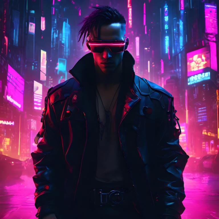 Cyberpunk,Cyberpunk, Mensen, man, 1 jongen, mannelijke focus, jasje, Neon lichten, solo, nacht, zwart haar