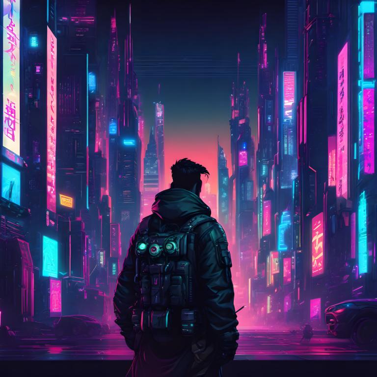 Cyberpunk,Cyberpunk, Ihmiset, mies, Neon-valot, 1 poika, miehen keskittyminen, yksin, moottoriajoneuvo