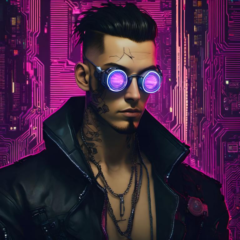 Cyberpunk,Cyberpunk, Rakyat, pria, 1 anak laki-laki, fokus pria, solo, tato, rambut hitam, jaket, kalung