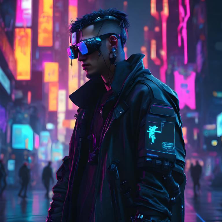 Cyberpunk,Cyberpunk, People, man, 1boy, cyberpunk, neon lights, male focus, jacket, cyborg, black hair