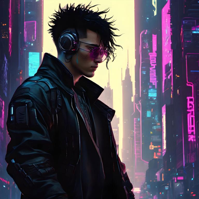 Cyberpunk,Cyberpunk, Rakyat, pria, 1 anak laki-laki, fokus pria, solo, jaket, cyberpunk, rambut hitam, kota