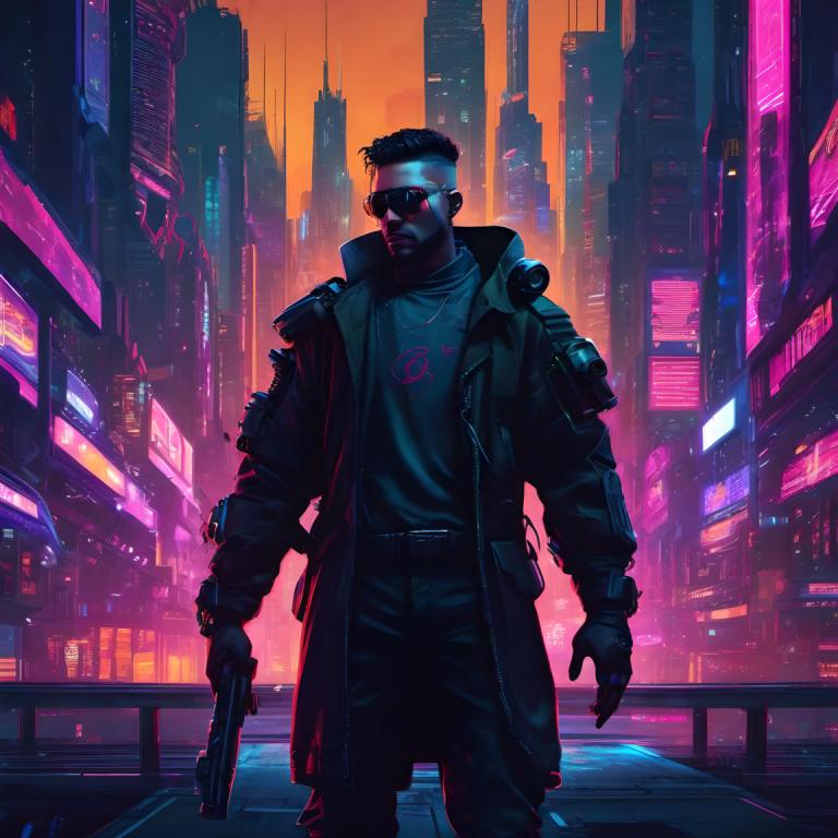 Cyberpunk,Cyberpunk, Oameni, om, cyberpunk, 1 băiat, focalizare masculină, solo, armă, oraș, pistol, mănuși